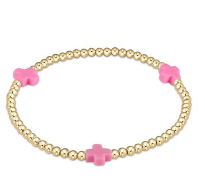 EGIRL Signature Cross Gold Pattern 3mm Bead Bracelet, Color: Bright Pink