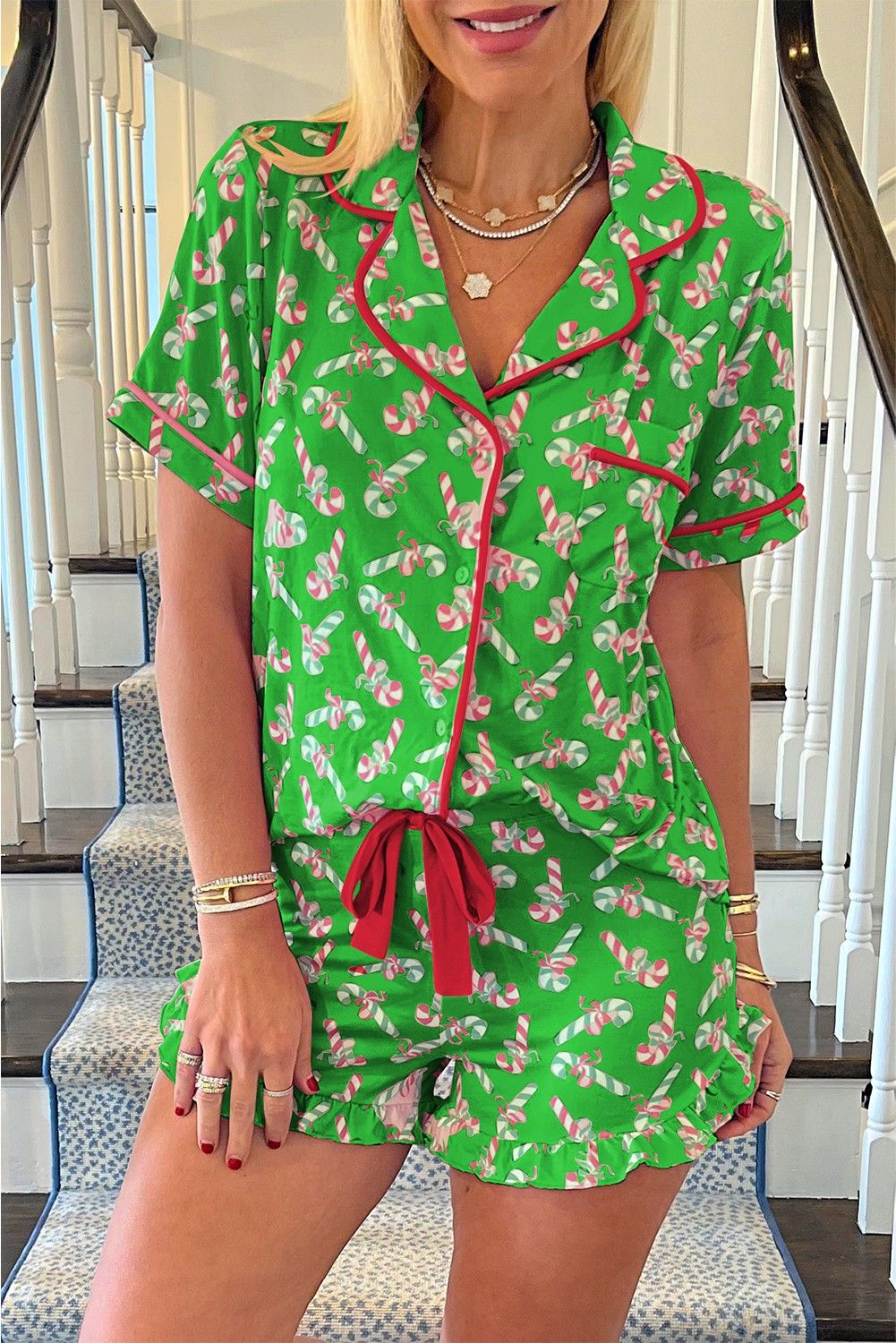 The Candy Cane Pajama Short Set, Color: Green, Size: S