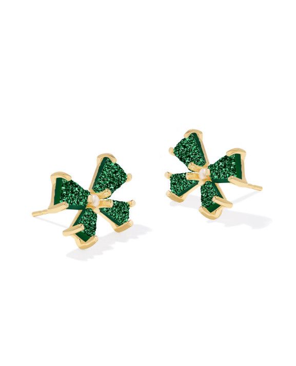 The Blair Bow Gold Stud Earrings, Color: Emerald Drusy