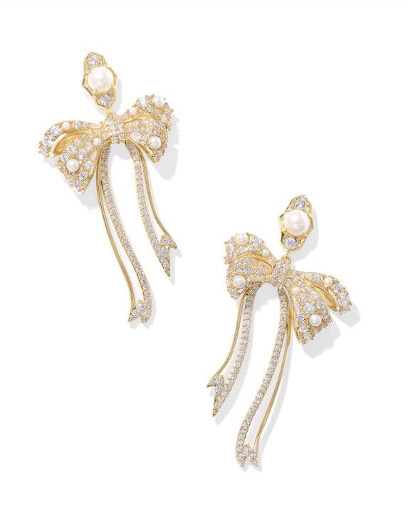 The Krista Bow Statement Earrings White Mix, Color: Gold