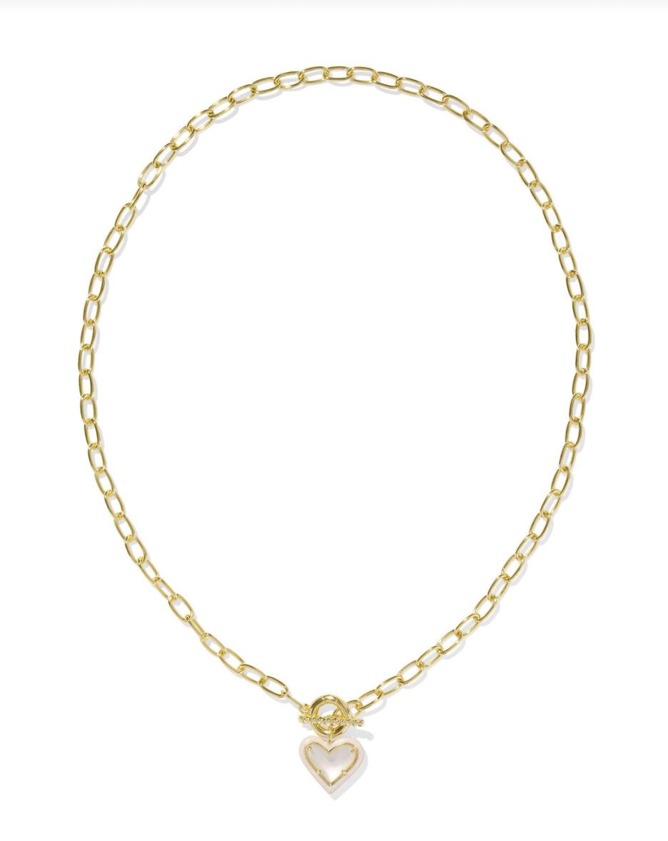 The Ari Heart Enamel Frame Gold Chain Necklace, Color: Ivory Mother of Pearl