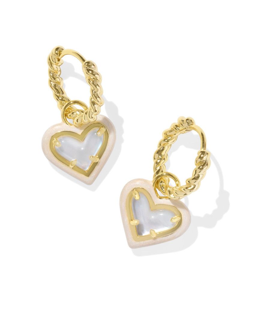 The Ari Heart Enamel Frame Huggie, Color: Gold Huggie in Ivory Mother of Pearl