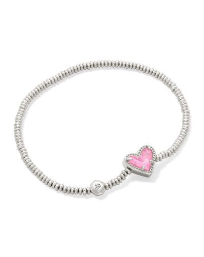 The Ari Heart Stretch Bracelet in Pink Iridescent Glitter, Color: Silver