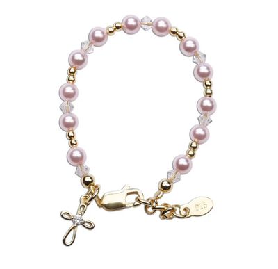 The Lauren Gold Plated over Sterling Silver with Pink Pearls + Gold Cross Child&#39;s Bracelet, Size: S 0-12mth