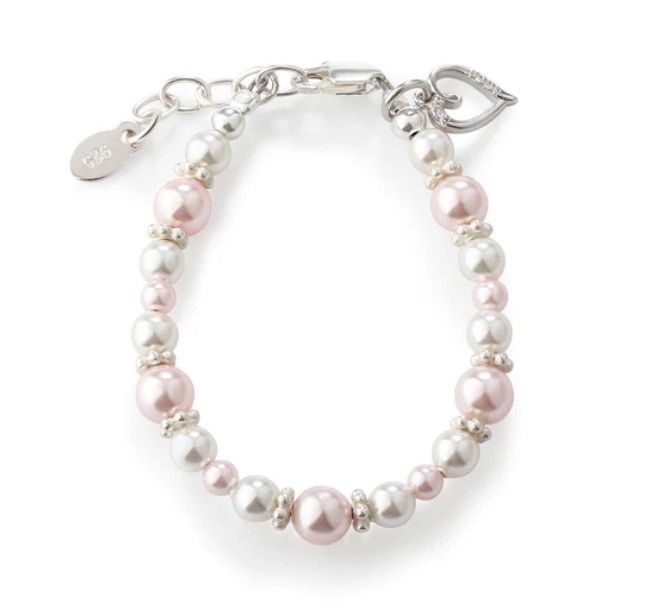 The Caroline Sterling Silver Pink + White Swarovski Pearl Child&#39;s Bracelet, Size: M (1-5yrs)