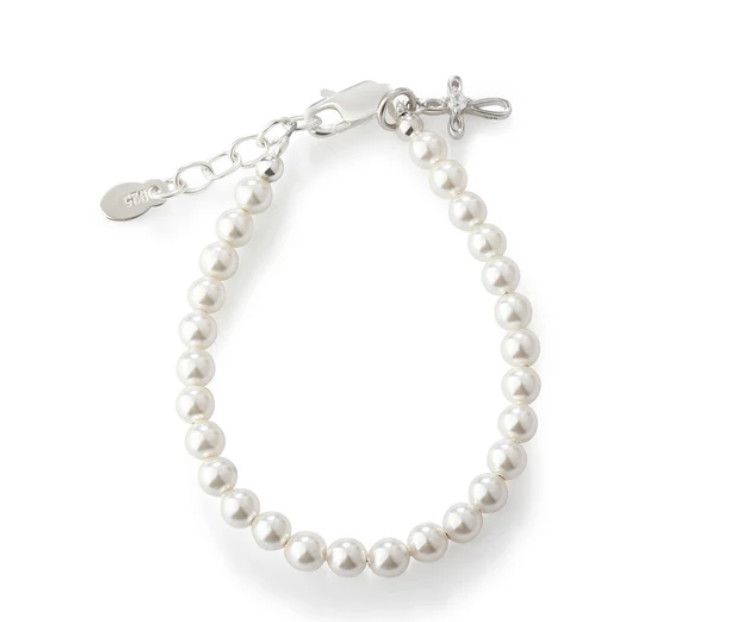 The Lacey Sterling Silver with Pearls + Cross Child&#39;s Bracelet, Size: M (1-5yrs)