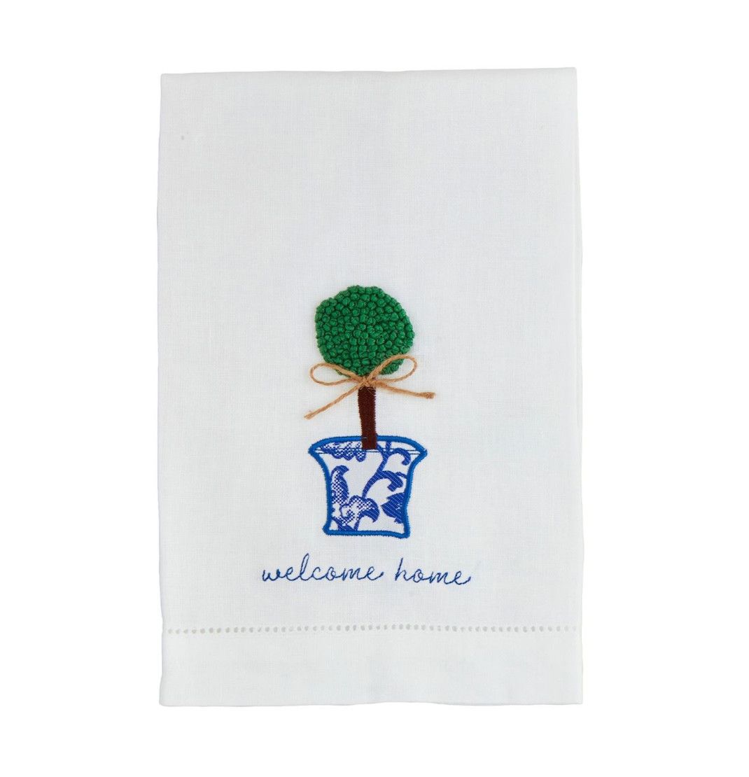 Welcome Boxwood Embroidered Tea Towel