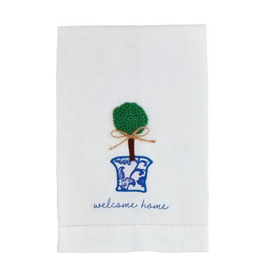 Welcome Boxwood Embroidered Tea Towel