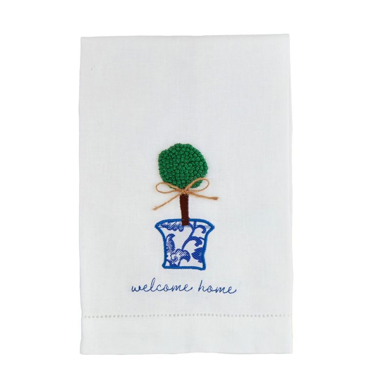 Welcome Boxwood Embroidered Tea Towel