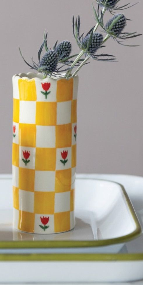 Stoneware Yellow Check Vase