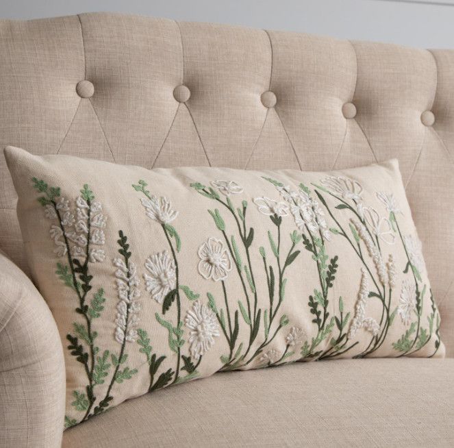 Embroidered Wild Flowers Lumbar Pillow