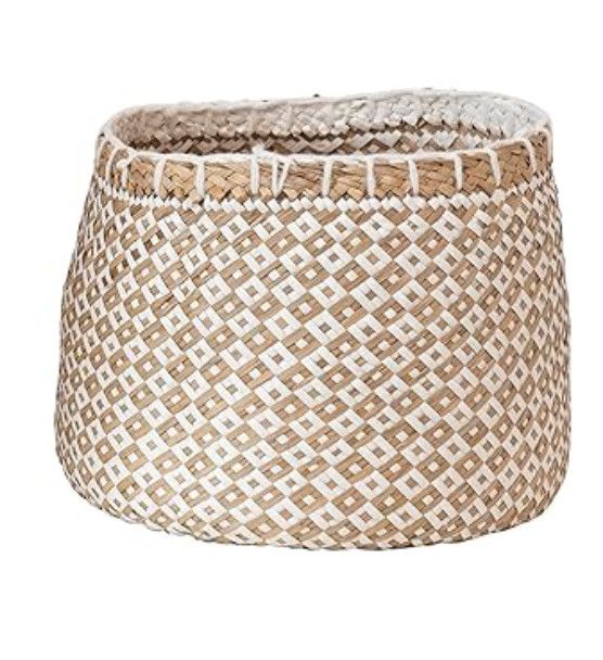 White + Beige Woven Seagrass Basket, Size: Medium