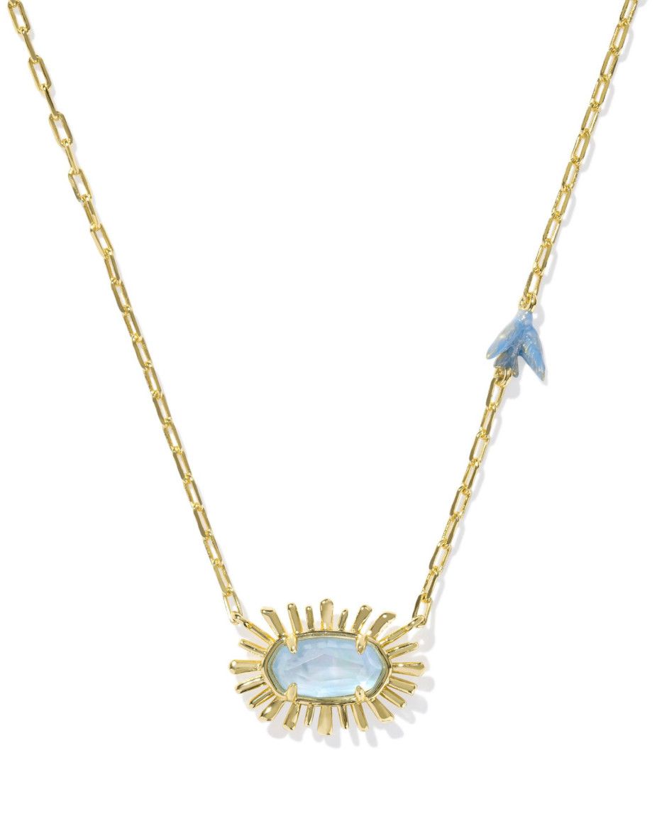 The Elisa Bird Pendant Necklace Gold Sky Blue Mother of Pearl