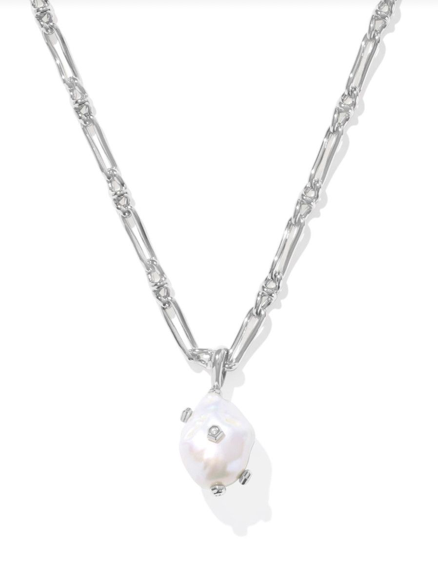 The Melody Small Long Pendant Necklace Freshwater Cultured Pearl, Color: Silver
