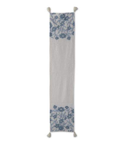 White Linen + Blue Embroidered Floral Table Runner