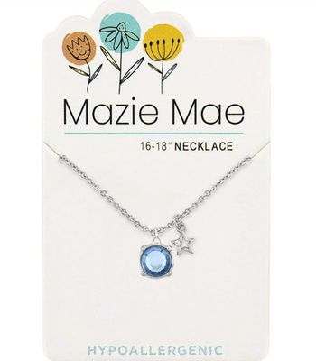 Mazie Mae Girls Necklace Silver Light  Sapphire Solitaire + Star Dangle