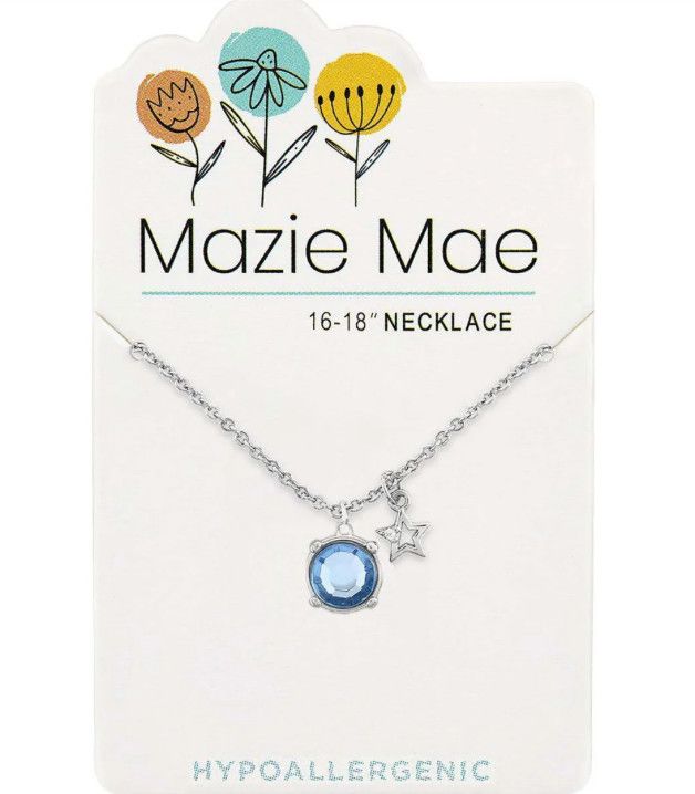 Mazie Mae Girls Necklace Silver Light  Sapphire Solitaire + Star Dangle