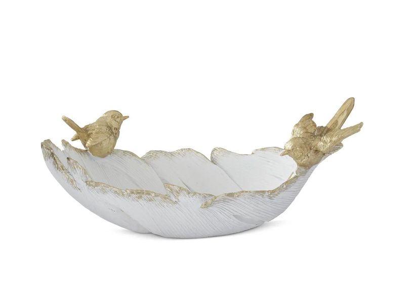 White + Gold Feather Dish with Birds