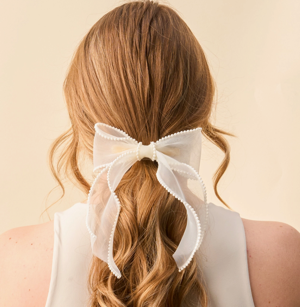 Sheer Pearl Hair Bow Cream