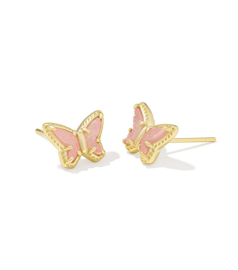 The Dolly Parton x Kendra Scott Butterfly Small Stud Gold Earrings in Light Pink Drusy