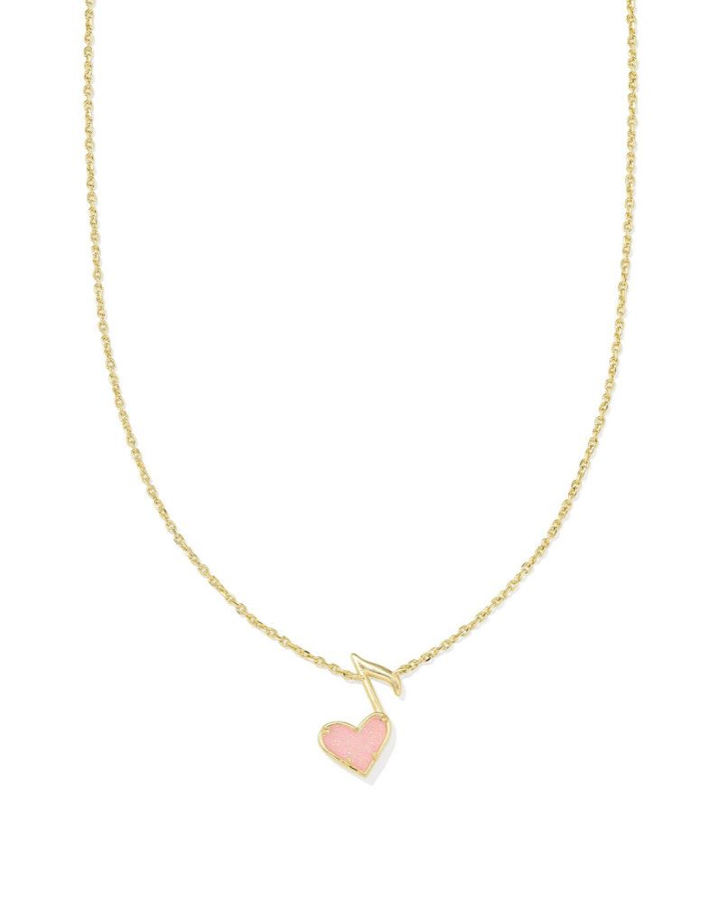 The Dolly Parton x Kendra Scott Ari Heart Music Note Gold Necklace in Light Pink Drusy