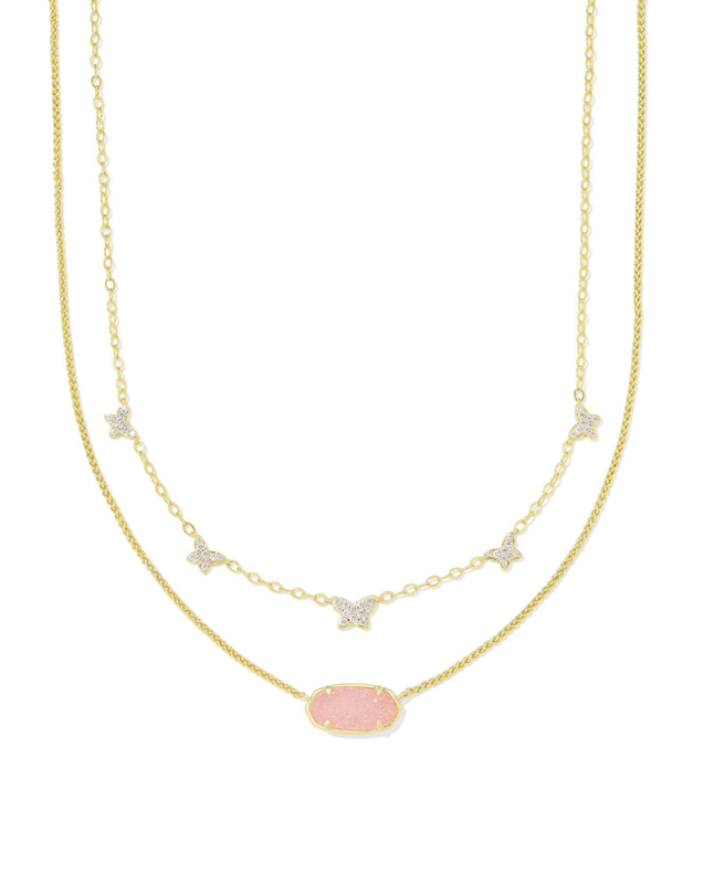The Dolly Parton x Kendra Scott Gold Elisa Multi Strand Necklace in Light Pink Drusy