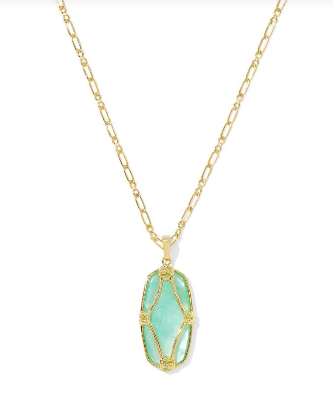 The Elle Lattice Frame Long Gold Necklace, Color: Light Green Mother of Pearl
