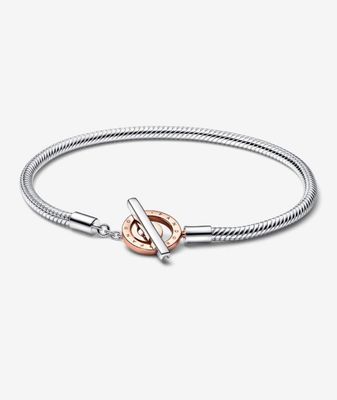 PANDORA™ Moments Two-tone Logo T-Bar Snake Chain Bracelet Sterling Silver + 14k Rose Gold Plating