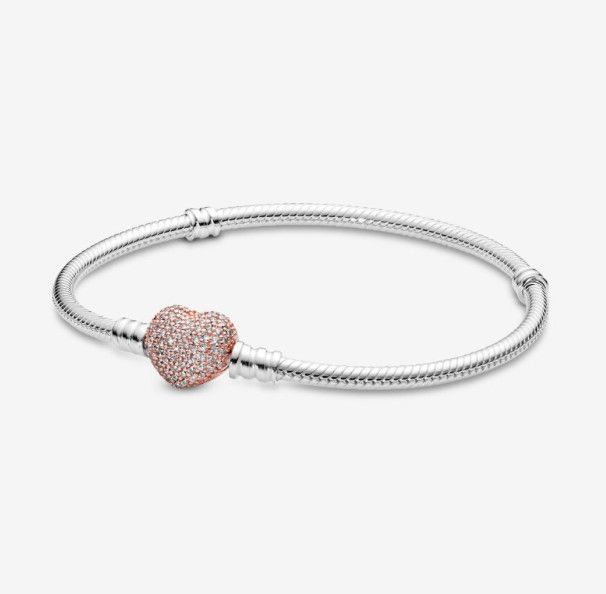 PANDORA™ Moments Pavé Heart Clasp Snake Chain Bracelet Sterling Silver 14k Rose Gold Plating