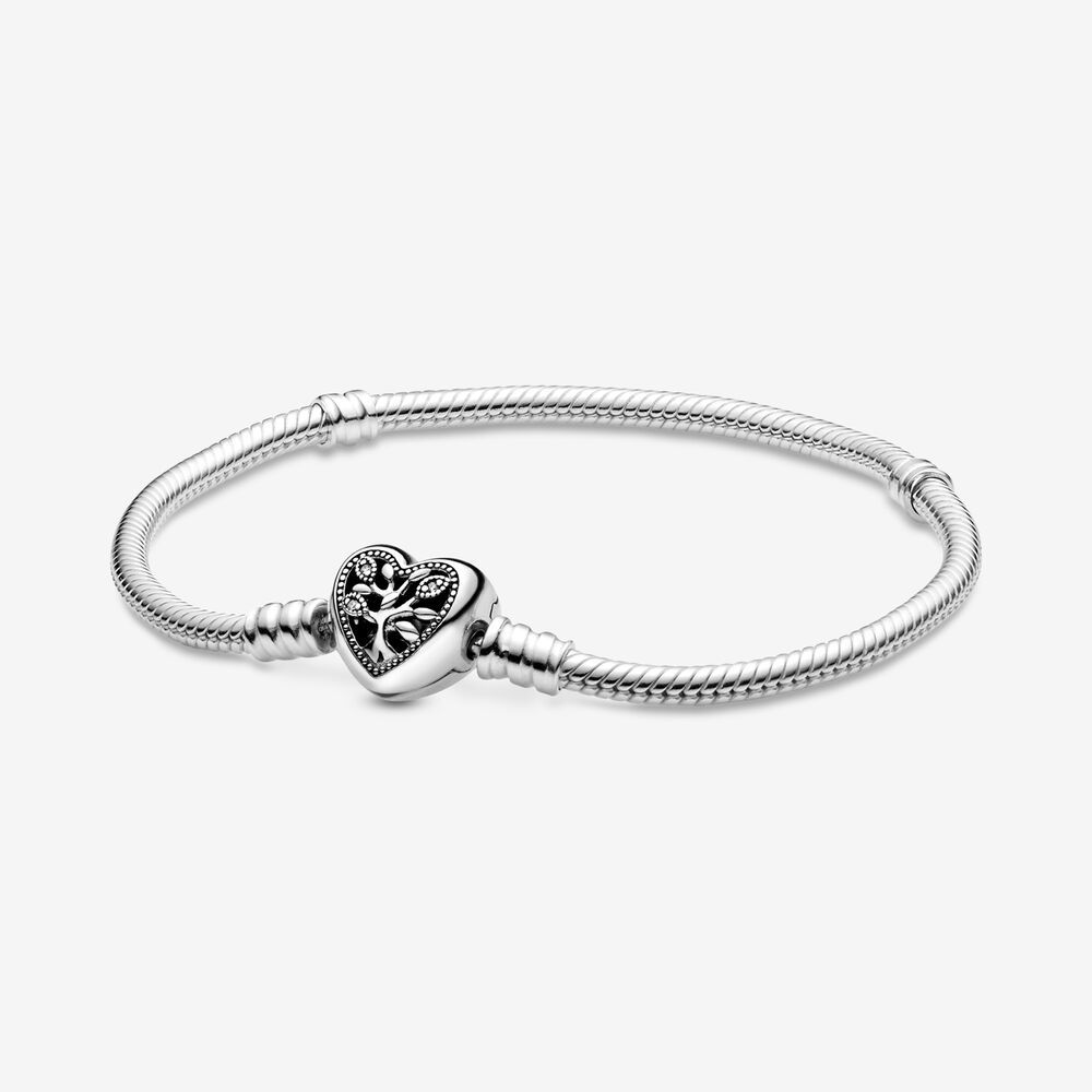 PANDORA™ Moments Family Tree Heart Clasp Snake Chain Bracelet Sterling Silver, Size: 6.3 (17)