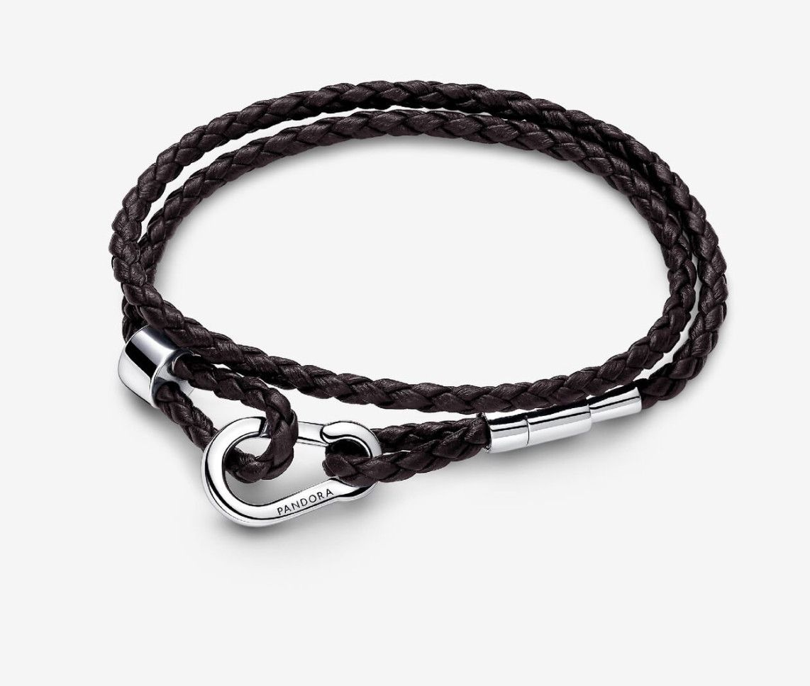 PANDORA™ Moments Brown Braided Double Leather Bracelet, Size: D2