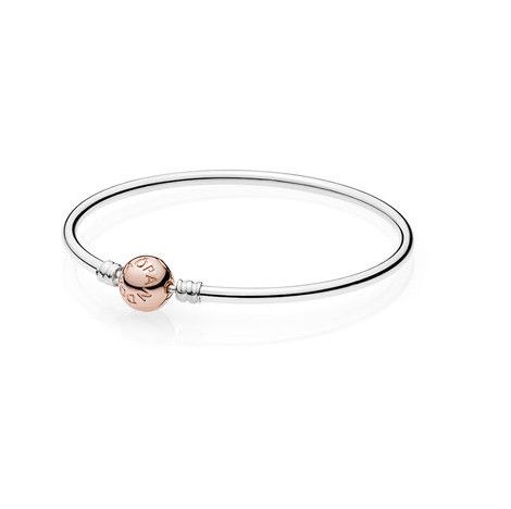 PANDORA™ Sterling Bangle Bracelet with Rose Gold Clasp, Size: 19