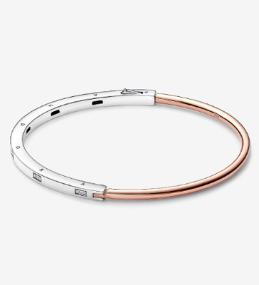 PANDORA™  Signature Two-tone I-D Pavé Bangle Sterling Silver 14k Rose Gold Plating