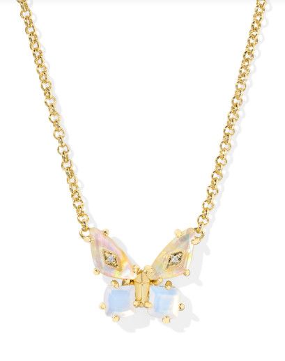 The Bianca Butterfly Pendant Necklace Gold  Iridescent White Mix