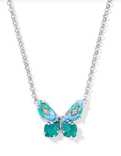 The Bianca Butterfly Pendant Necklace in Silver Bright Aqua Mix