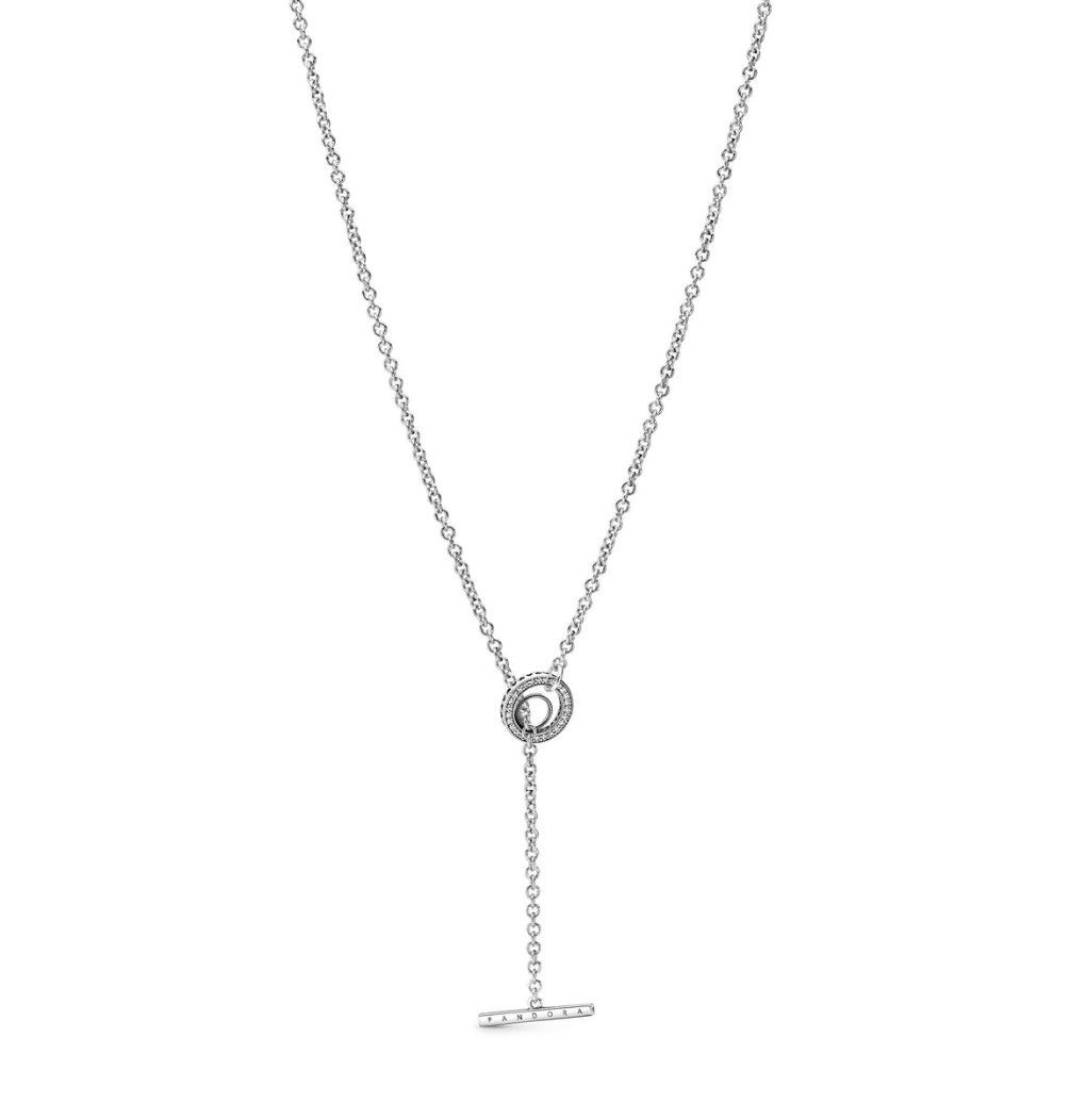 PANDORA™ Signature Pave Circle Logo T-Bar Heart Sterling Silver Necklace