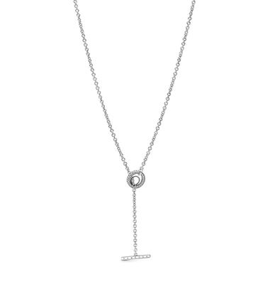 PANDORA™ Signature Pave Circle Logo T-Bar Heart Sterling Silver Necklace