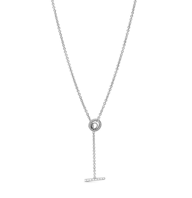 PANDORA™ Signature Pave Circle Logo T-Bar Heart Sterling Silver Necklace