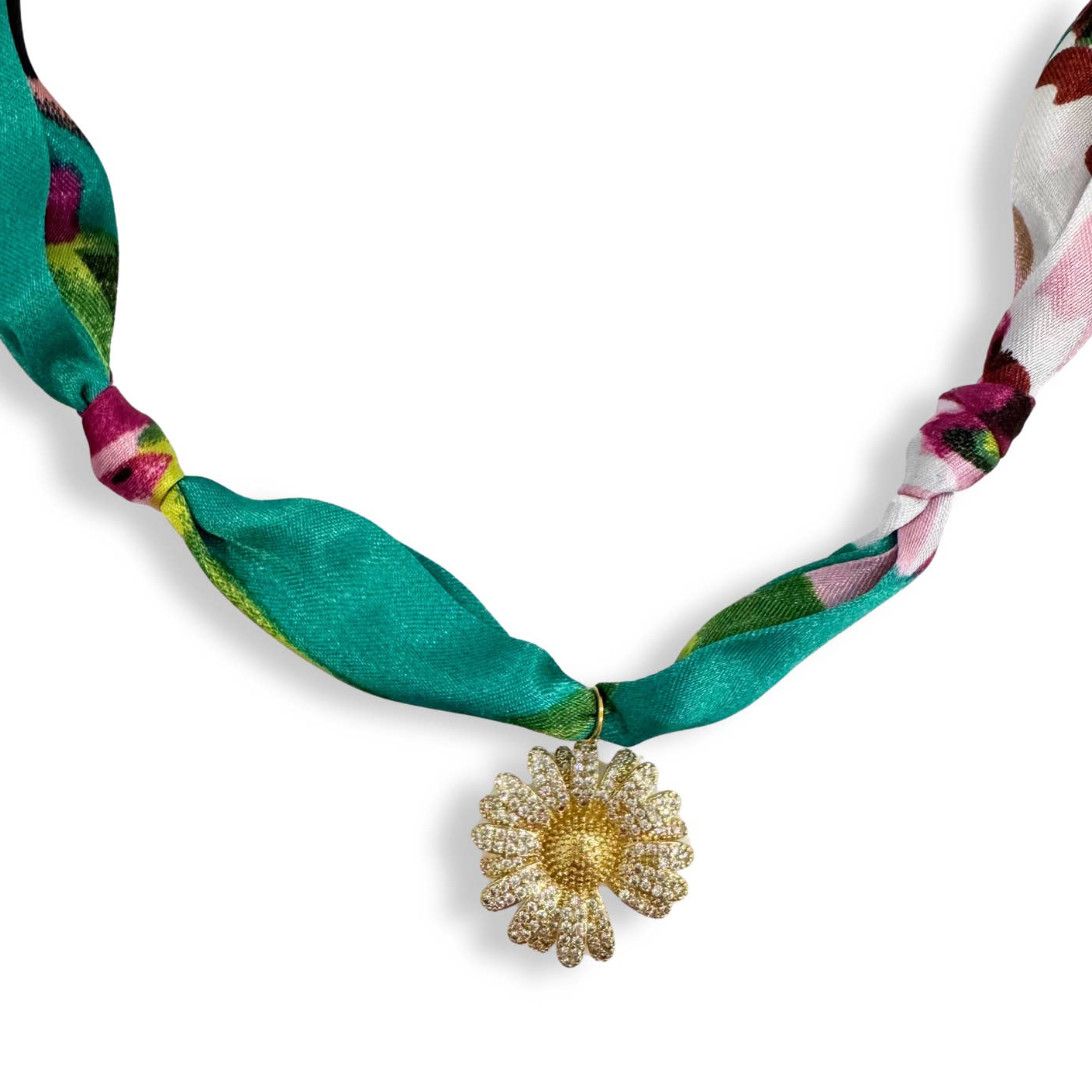 Scarf Bandana Charm Necklace, Color: Daisy-Teal Flower
