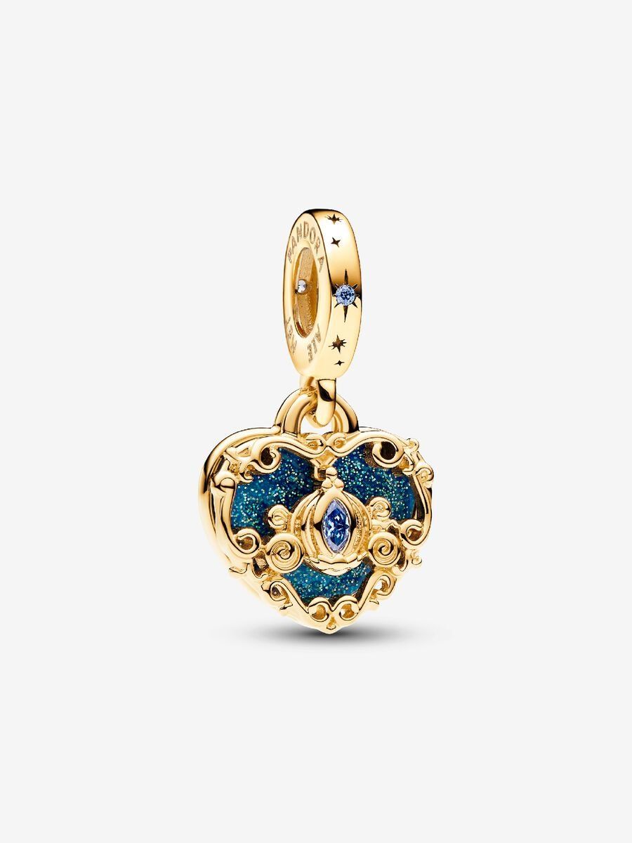 PANDORA™  14K Gold Plated Disney Cinderella&#39;s Carriage &amp; Heart Double Dangle Charm