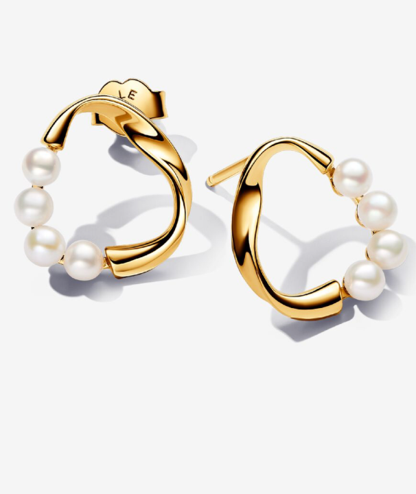PANDORA™ Organically Shaped Circle + Treated Freshwater Cultured Pearls Stud Earrings 14k Gold Plating