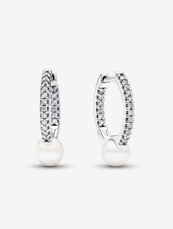 PANDORA™ Treated Freshwater Cultured Pearl + Pavé Hoop Earrings Sterling Silver