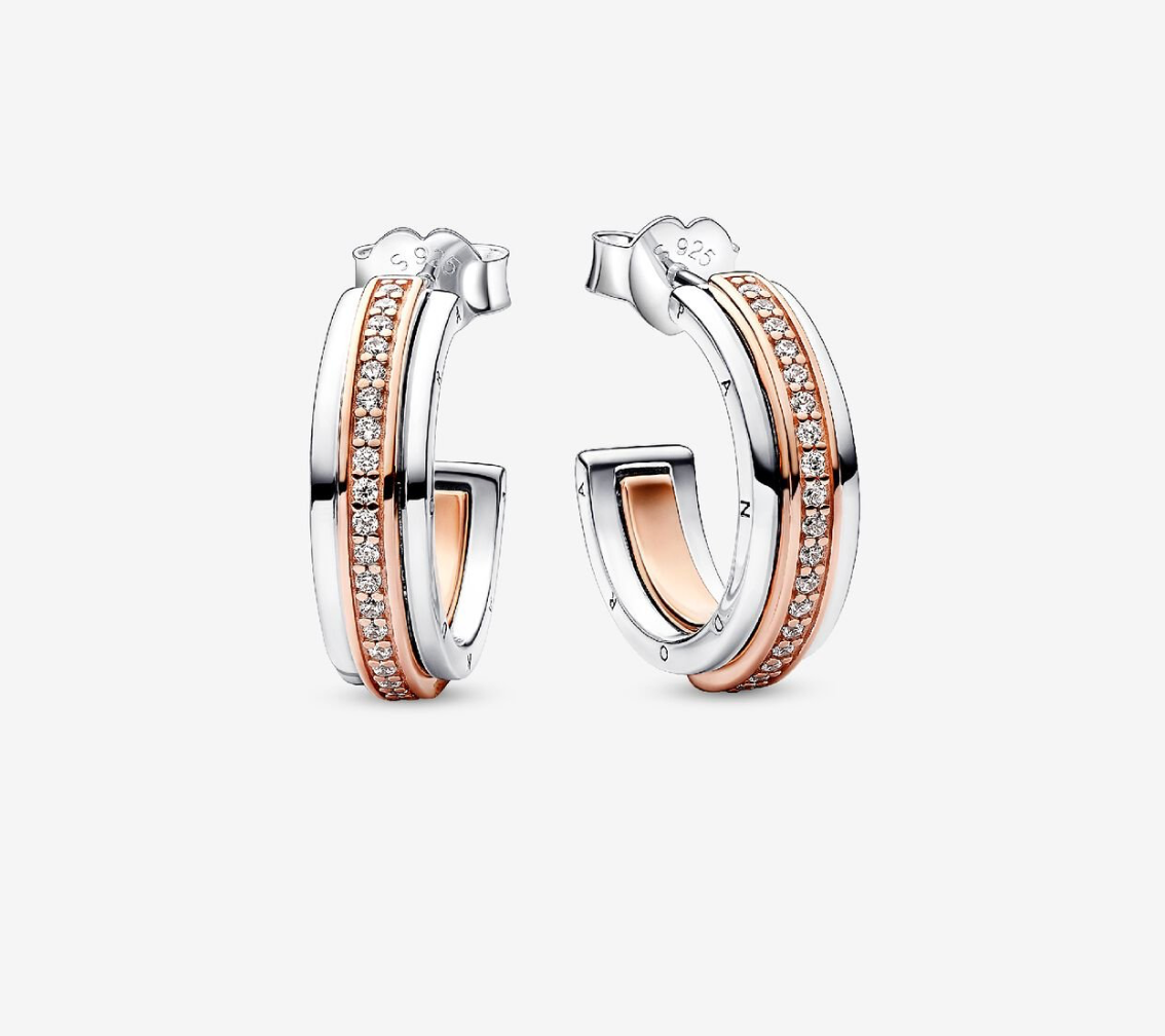 PANDORA™ Signature Two tone Logo + Pavé Hoop Earrings Sterling Silver 14k Rose Gold Plating
