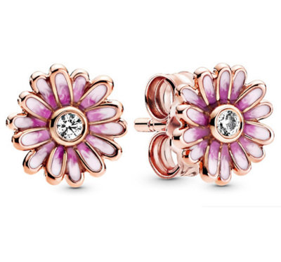PANDORA™ Rose Gold Pink Daisy Flower Stud Earrings with Shaded Pink Enamel and Clear Zirconia