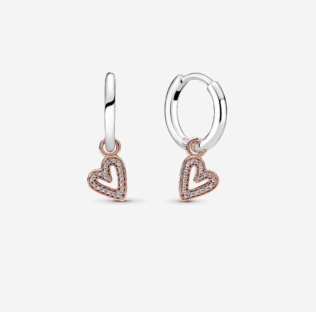 PANDORA™ Sparkling Freehand Heart Hoop Earrings Sterling Silver 14k Rose Gold Plating