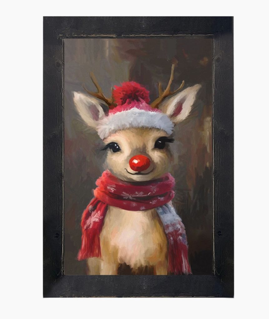 Red Nosed Reindeer Vertical Black Frame Print