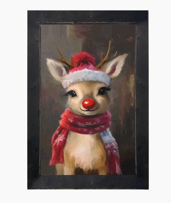 Red Nosed Reindeer Vertical Black Frame Print