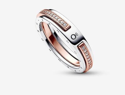 PANDORA™ Signature Two-Tone Logo + Pavé Ring Sterling Silver 14k Rose Gold Plating