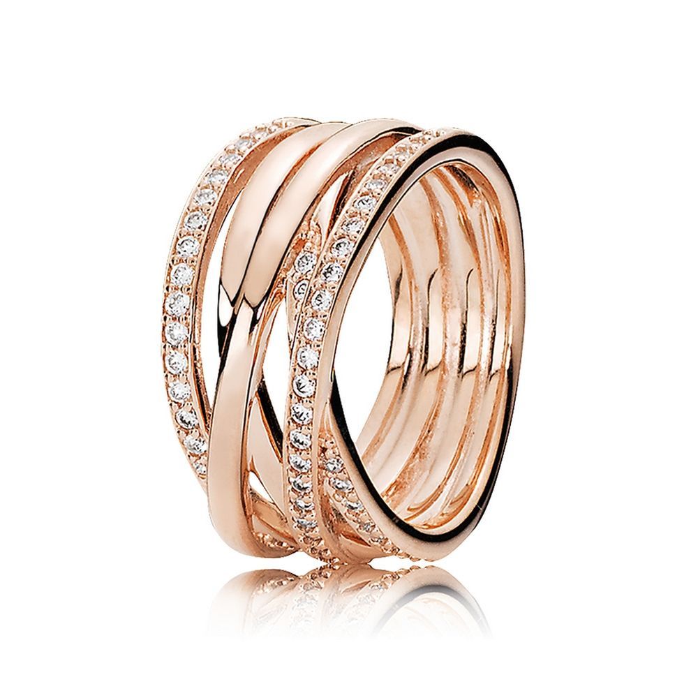 PANDORA™ Sparkling + Polished Lines Ring 14k Rose Gold Plating, Size: 52