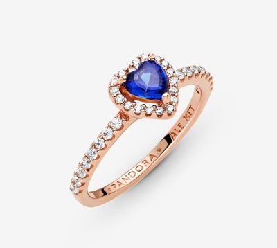 PANDORA™ Sparkling Blue Elevated Heart Ring 14k Rose Gold Plating